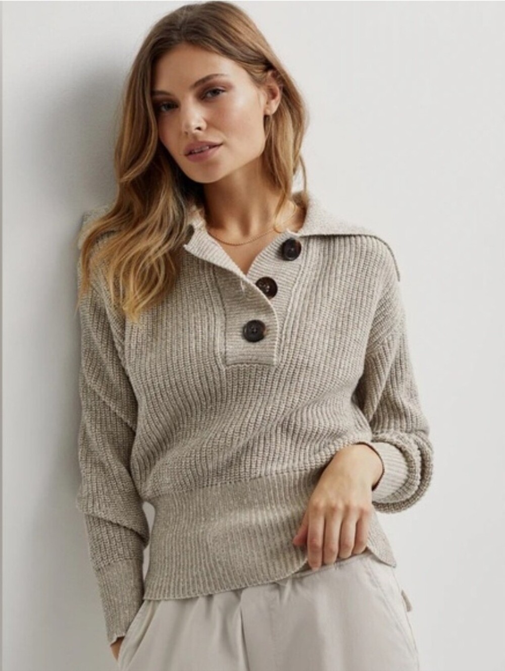 Varley Taupe Audrey Polo Knit Sweater
